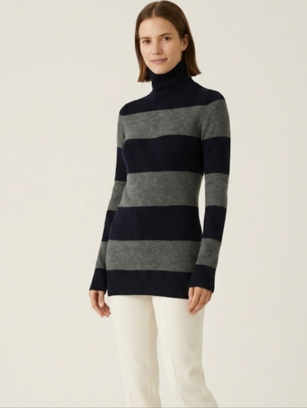 Theory Viviana 100 Cashmere Navy Turtleneck Striped Sweater Tunic Small T
